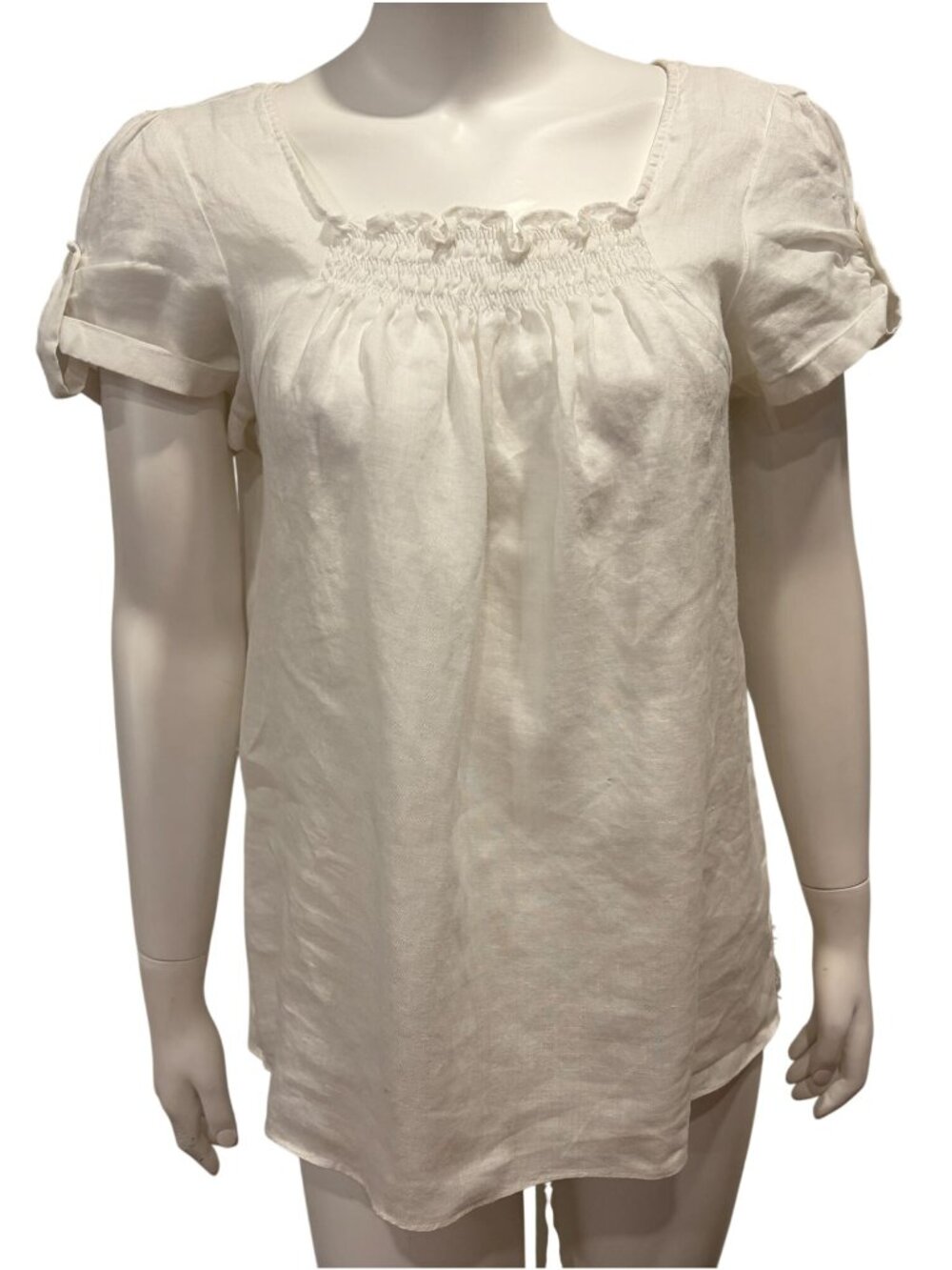 Vintage S.L.B. 100% White Linen Short Sleeve Shirt Womens L Smocked Neckline